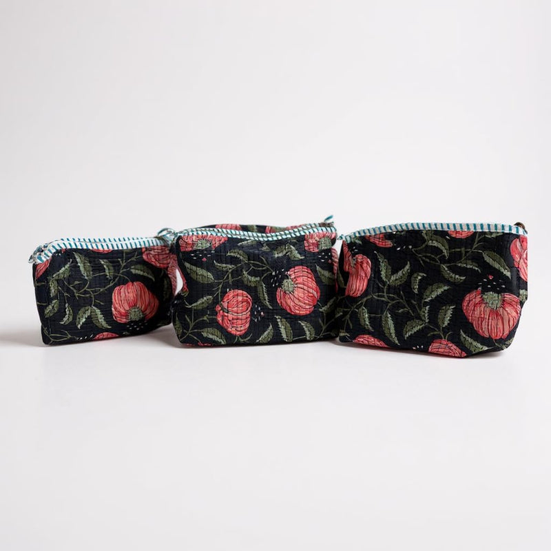 Cotton Hand Block Floral Print Toiletry Bag For Women Make Up Cosmetic Bag Jewelry Organizer Kit Storage Bag Case Travel Accessories Essentials Toiletries Purse Open Pouch set of 3 gift of her