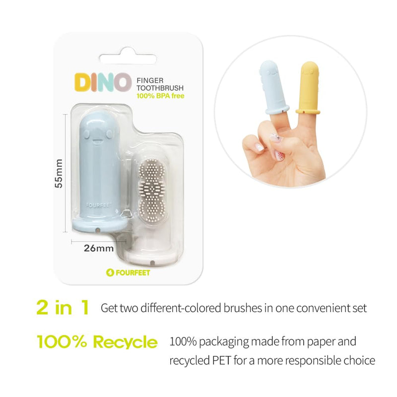 [Australia] - Fourfeet Dino Finger Toothbrush | Baby Silicone Oral Care Brush | Toddler Gum Cleaner | BPA Free Soft Bristles | Easy Drying Air Vent | Food Grade Material | Made in Korea - Grey + Sky (2PCS) Grey_blue 
