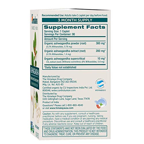 [Australia] - Himalaya Organic Ashwagandha, 90 Day Supply, Herbal Supplement for Stress Relief, Energy Support, Occasional Sleeplessness, USDA Certified Organic, Non-GMO, Vegan, Gluten Free, 670 mg, 90 Caplets 