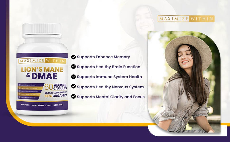 [Australia] - Maximize Within Lion's Mane & DMAE Capsules: Enhance Memory, Boost Mental Clarity, and Sharpen Focus - 60 Capsules for Maximum Cognitive Support 
