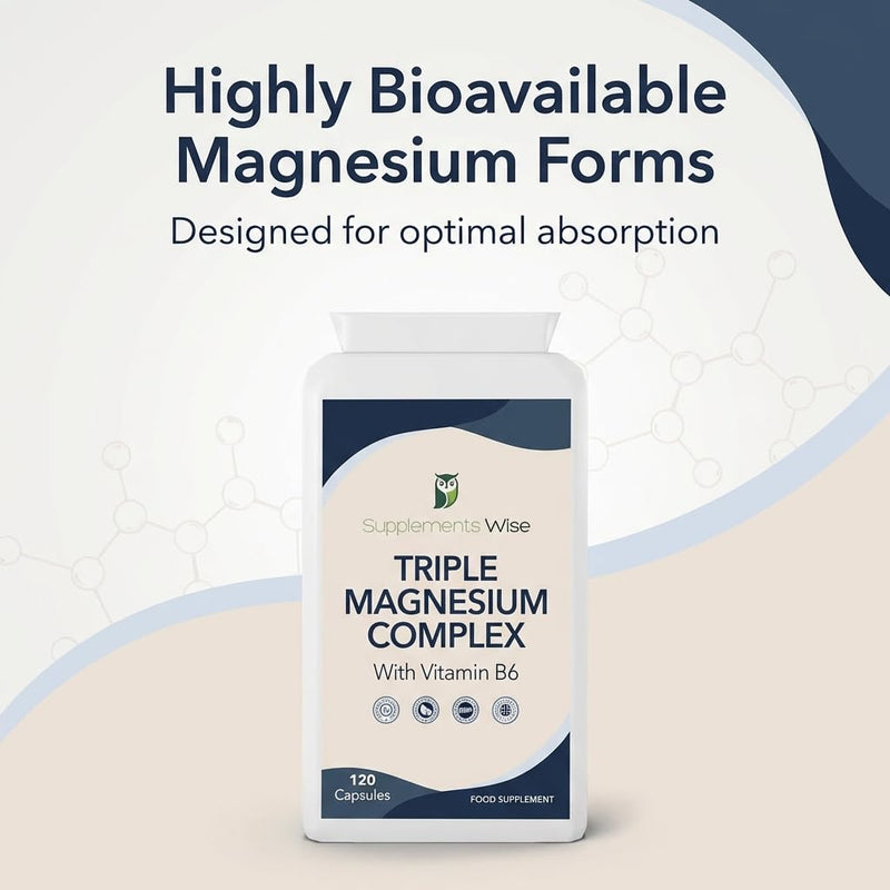 Triple Magnesium Complex - 3 in 1 Blend - Bisglycinate, Malate and Taurate with Vitamin B6 - Magnesium Complex Supplements Suitable for Women and Men - 120 High Strength Capsules