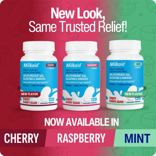 [Australia] - Milkaid Lactase Enzyme Chewable Tablets for Lactose Intolerance Relief | Prevents Gas, Bloating & Diarrhea | Fast Acting Dairy Digestive Supplement (120 Tablets, Cherry) 120 Count (Pack of 1) 