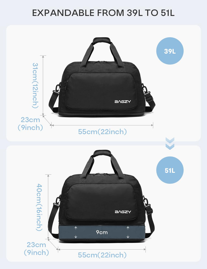 Under-seat Carry on Bags for Airplanes Personal Item Travel Bag 38L Expandable 50L Lightweight Duffle Bag Water-resistant Weekender Bags with Wet Pocket for Gym Overnight Hospital Blue