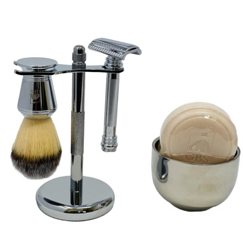[Australia] - G.B.S Men's Shave Kit, Double Edge Razor and Brush Stand Shaving Bowl, Soap and DE Razor Blades Stubble Remover Effortless Glide 