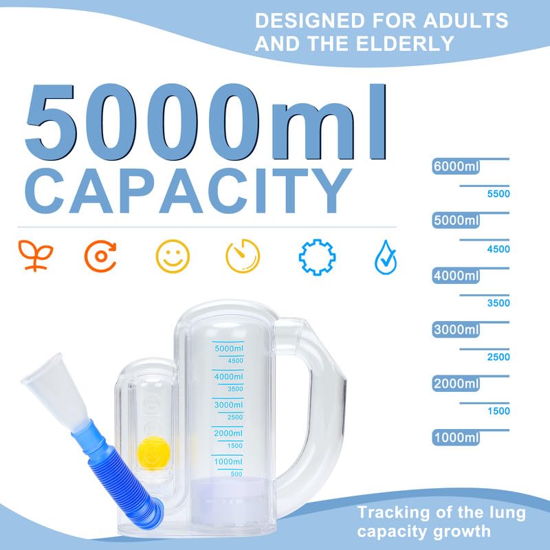 [Australia] - Breathing Trainer for Adults,Breathing Exercise Device for Lungs, 5000ml Volume Measurement with Flow Rate Indicator. transparent breathing device.breathing trainer,trainer.Incentive Spirometer Adult. 