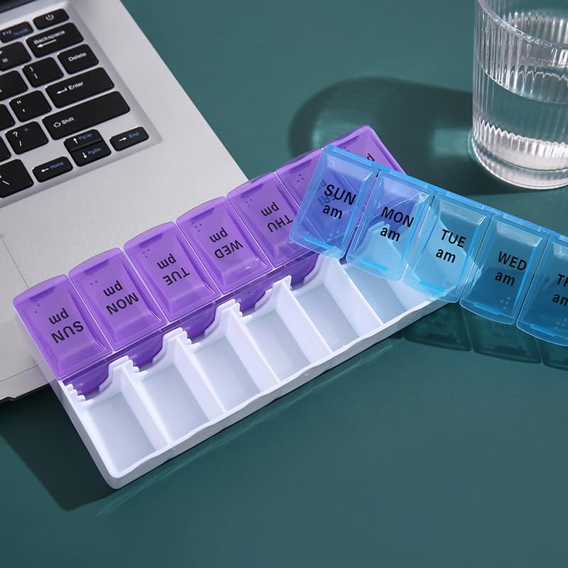Weekly Pill Organizer 2 Times a Day, 14 Grid AM/PM Pill Box in Blue and Purple, Daily Medication Container and Travel Case for Vitamins, Tablets, Supplements