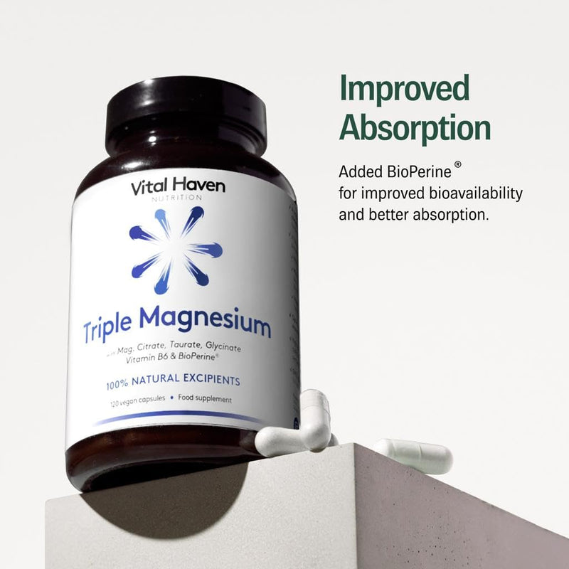 Magnesium Supplement - Citrate + Glycinate + Taurate with Vitamin B6 and BioPerine - 2 Capsules - UK Made 120 count (Pack of 1)