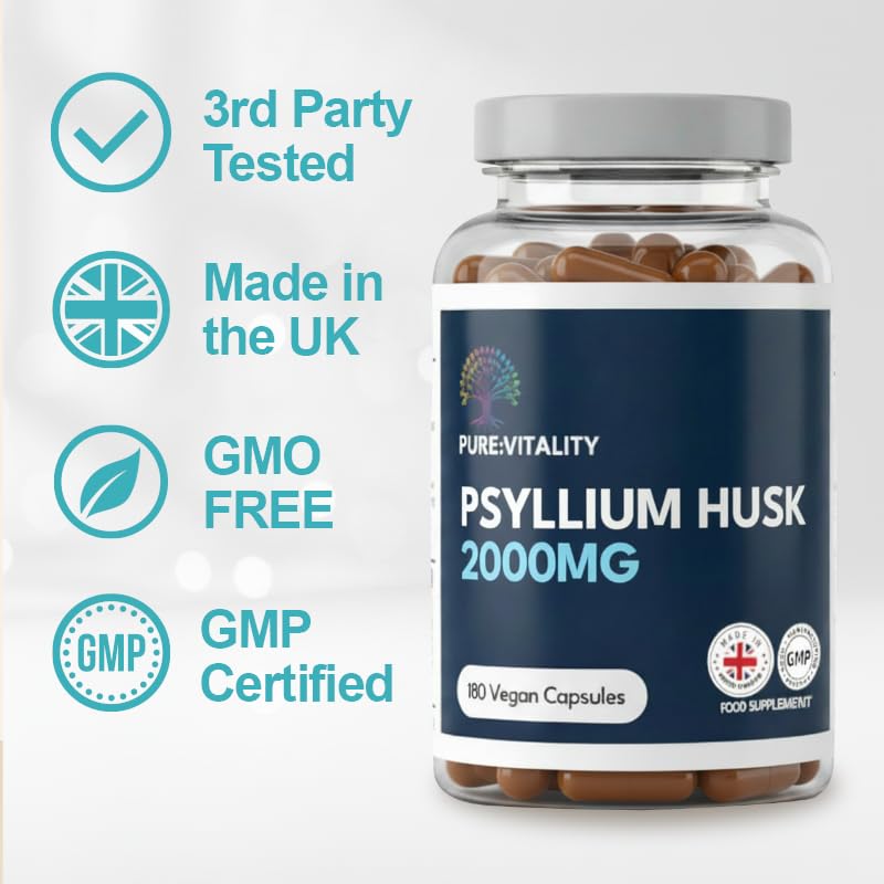 Pure Vitality | Fibre Supplement 2000mg Psyllium Husk | 180 Vegan Capsules - High Strength - Natural Soluble Fiber Supplement from Plantago Ovata Seeds | Made in the UK