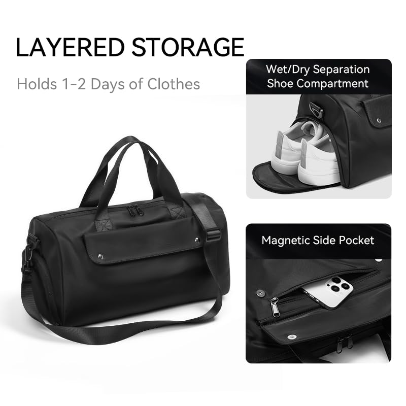 reeyee 16L Cordura Gym Duffel Bag with Shoe Compartment, Black | Compact 16L Cordura gym duffel with separate shoe compartment, water-resistant fabric, luggage sleeve and shoulder strap.