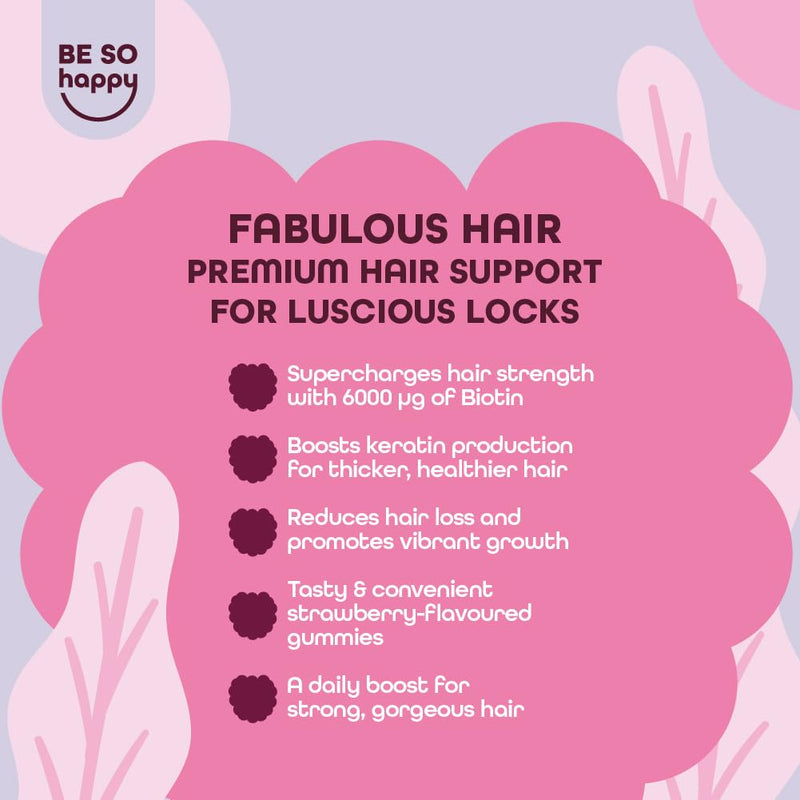 BeSoHappy® Biotin Gummies 6000mcg Complex for Hair Growth, 60 Days Supply with Selenium, Zinc, B12 Vitamin, Retinol Vitamins B6, C, D, E, Strawberry Candies Flavor, Vegan.