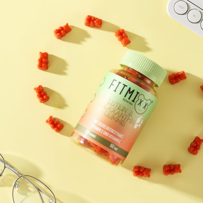 [Australia] - Fitmixx eye vitamins - 60 lutein zeaxanthin complex gummy bears with beta carotene, high-dose vitamin C - gummy bears vegan, lactose-free, sugar-free - eye vitamins - 100% natural 