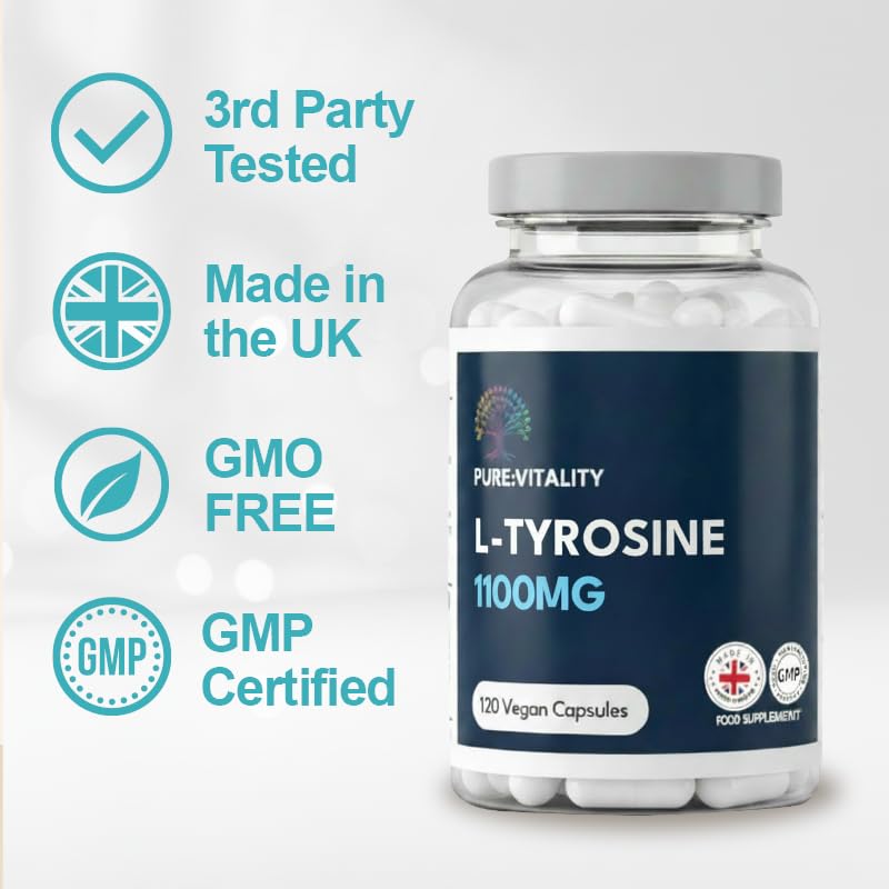 Pure Vitality | L-Tyrosine Supplement 1100mg - Free Form Amino Acid - 120 Vegan Capsules - Fermented High Strength L Tyrosine Supplement - No Artificial Preservatives