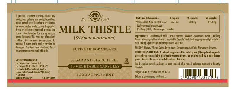 Solgar Milk Thistle 100 mg Vegetable Capsules - Pack of 50 - Liver Support Herbal Supplement - Supports Detoxification and Antioxidant Protection