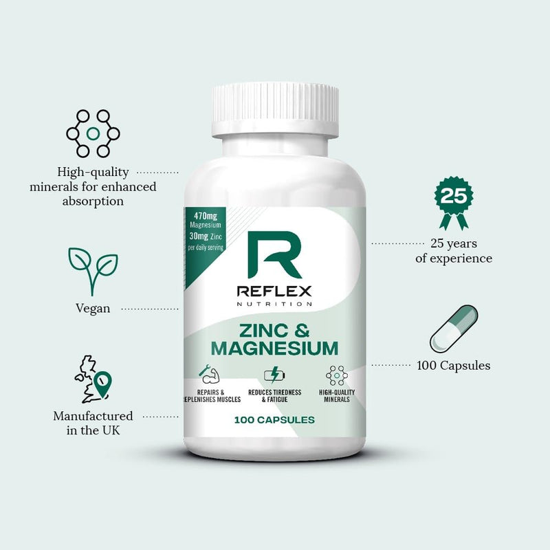 Reflex Nutrition Zinc & Magnesium - Normal Muscle Function & Protein Synthesis Support - Reduce Tiredness and Fatigue - Essential Mineral Magnesium Supplements & Zinc Supplements (100 Capsules, Vegan)