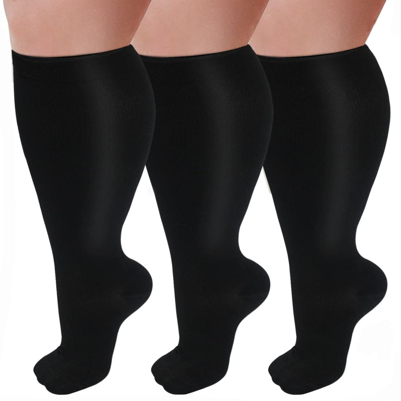 3 Pairs Plus Size Compression Socks for Women and Men Wide Calf 20-30mmhg Extra Large Knee High Support for Circulation 01-3 Black XX-Large