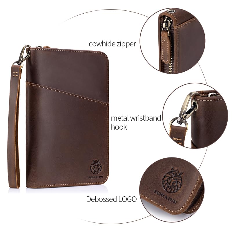 Passport Holder for Travel Family with Strap Genuine Leather RFID Blocking Travel Document Organizer Wallet with Pen Holder, Brown Large