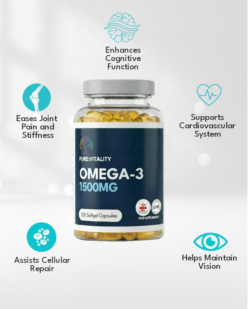Pure Vitality | Omega-3 Fish Oil 1500mg per Serving – 800mg EPA & 600mg DHA – 120 Softgels