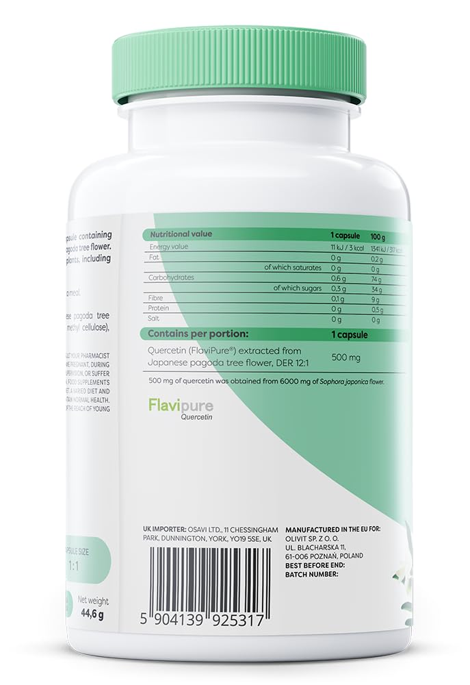 Osavi Natural Quercetin 500 mg – 60 Vegan Capsules | FlaviPure® Quercetin from Japanese Pagoda Tree | Supports Immunity & Reduces Oxidative Stress | Derived from 6000 mg Sophora Japonica