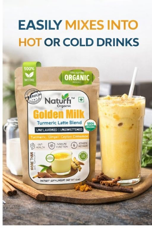 Naturfi Organic Golden Milk Powder with Turmeric, Ceylon Cinnamon, Ginger & Black Pepper | Anti-Inflammatory Turmeric Latte | Ayurvedic Blend | Unsweetened, Vegan, Non-GMO, Keto | 120 Servings, 150g