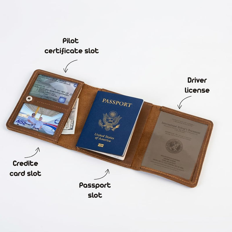 Leather Pilot Document Wallet - Pilot License Holder & Flight Document Organizer, Genuine Crazy Horse Leather Travel Wallet, Compact Aviation Passport Holder for Pilots, Warm Brown