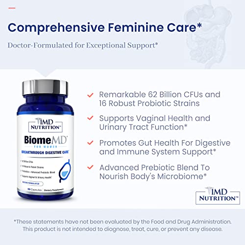 [Australia] - 1MD Nutrition BiomeMD Probiotics for Women - Daily Prebiotics and Probiotics for Women - More than 60 Billion CFUs, 15 Strains - Womens Probiotic to Support Urinary & Vaginal Health - 30 Capsules 30 Count (Pack of 1) 