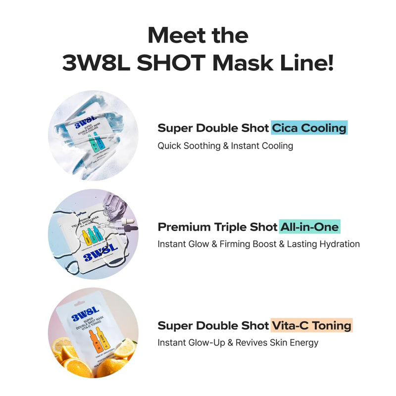 3W8L [Premium Triple Shot] Mask All-in-One 0.84 fl oz | Face Mask Collagen Peptide | With Vitamin C Ampoule Shot | Secound Skin BioCellulose Coconut Gel Sheet | Korean Skin Care