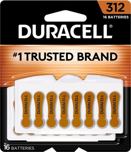 Duracell Hearing Aid Batteries Brown Size 312, 16 Count Pack, 312A Size Hearing Aid Battery with Long-lasting Power, Extra-Long EasyTab Install for Hearing Aid Devices 16 Count (Pack of 1) 312 (Brown) - 16 Count