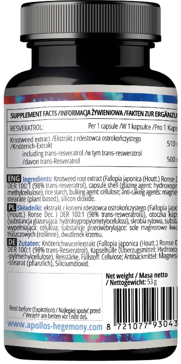 Resveratrol Max - 500 mg per Capsule - 60 Vegan Capsules - High Purity 98% Extract - Supports Circulatory Health - Natural Antioxidant - Dietary Supplement by Apollo's Hegemony Unflavoured