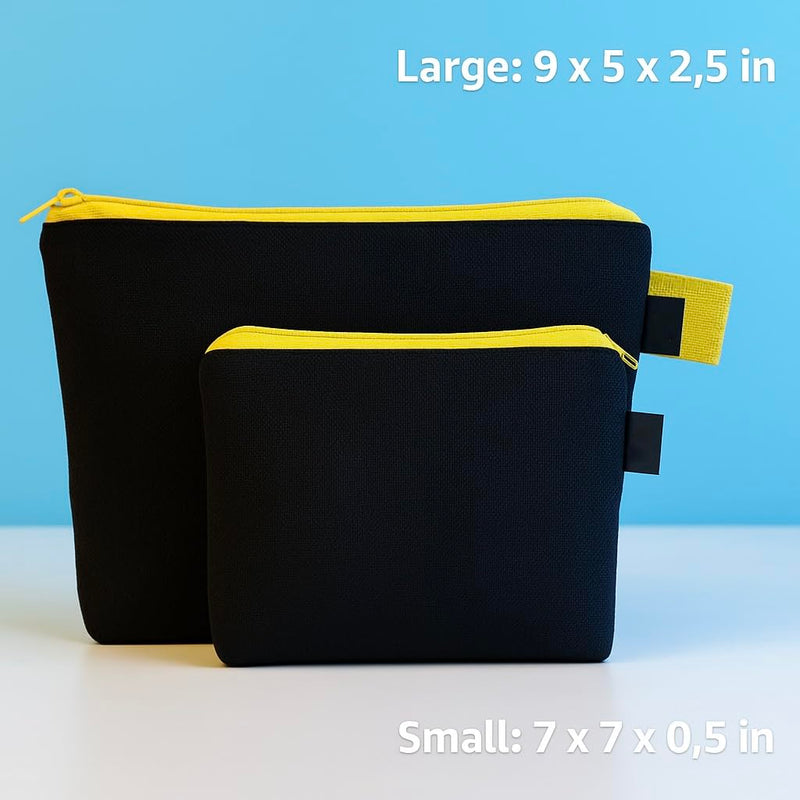 Canvas Toiletry Bag Set, 2 Pieces, Black with Yellow Trim, 9x5 and 7x7 inches