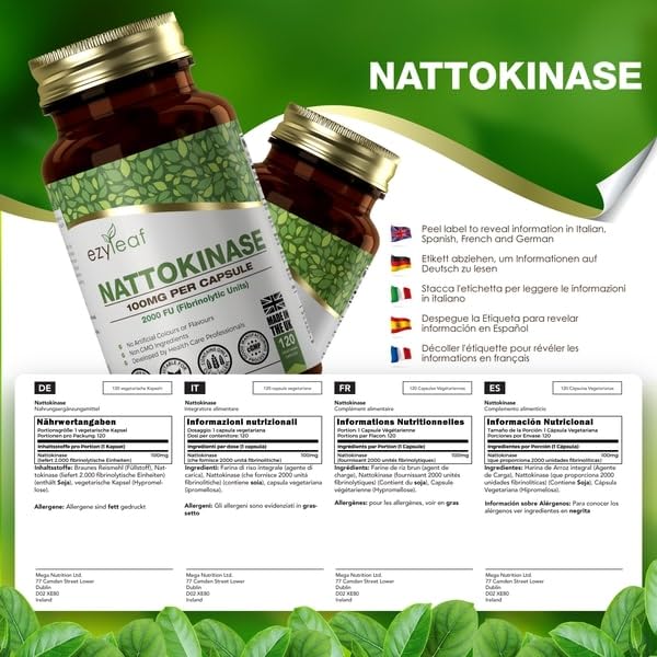 Ezyleaf Nattokinase 100mg 2000 FU | 120 Vegan Capsules | Protein Enzyme from Japanese Natto | No Artificial Ingredients | ISO Certified, Vegan, Dairy & Gluten Free, Non-GMO | Manufactured in The UK