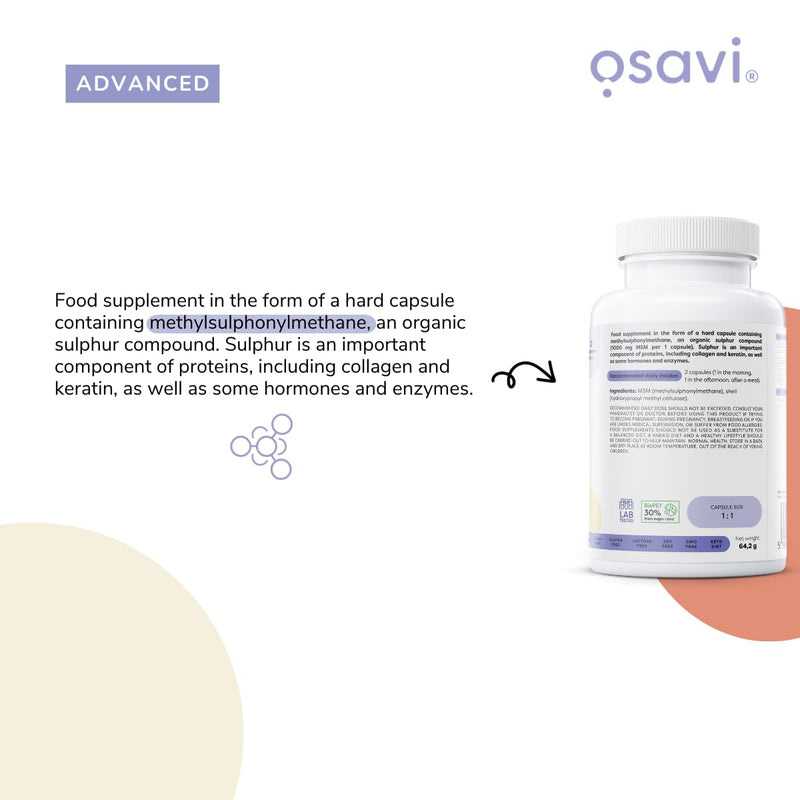 Osavi MSM, 1000 mg – 120 Vegan Capsules | Supports Joint Health & Skin Elasticity | Methylsulphonylmethane for Collagen & Keratin Production