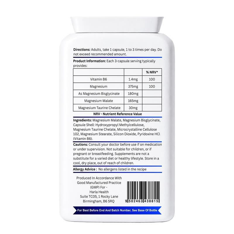 Magnesium Complex – Bisglycinate, Malate & Taurate with Vitamin B6 – 120 Vegan Capsules – High Absorption Magnesium Supplement for Energy, Muscle Function & Sleep Support