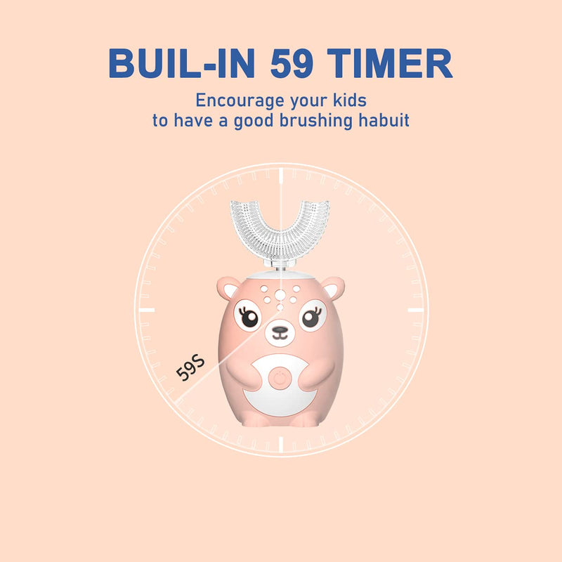 [Australia] - Kids Electric Toothbrushs U Shaped sonic Automatic Toothbrush with 4 Brush Heads, Six Cleaning Modes,Cartoon deer Modeling , full mouth toothbrush for baby Pink 7-14 Years 