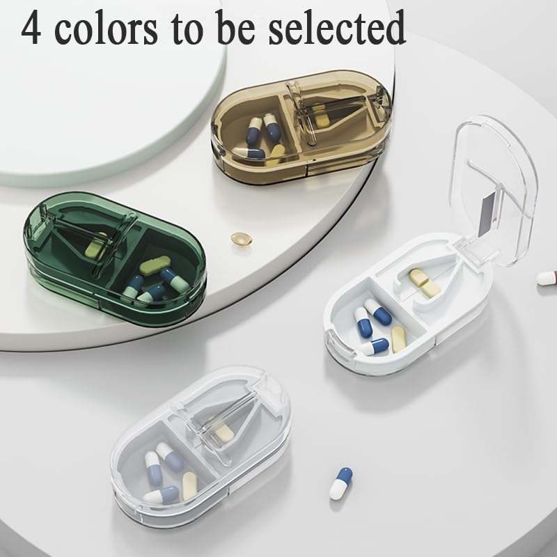 Travel Pill Organizer Cutter Box, 2 Compartments Tablet Splitter | Daily Pill Case, Small Vitamin Planner Sorter for Pocket Purse, Mini Medicine Supplement Fish Oil Capsule, Transparent Green Grey
