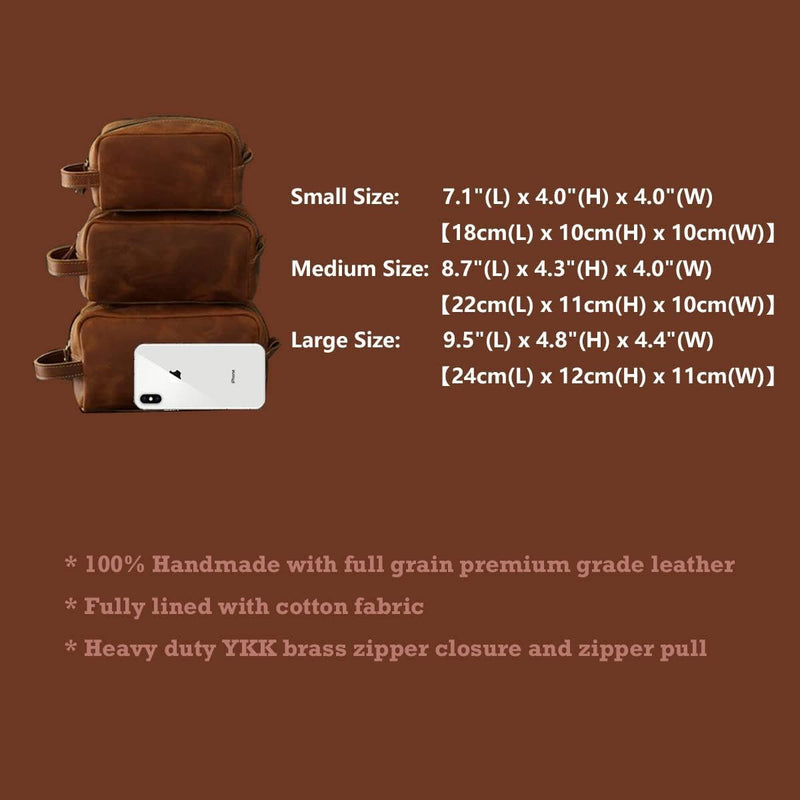 Toiletry Bag for Men or Women, Full Grain Leather Handcrafted Dopp Kit, Vintage Travel Leather Toiletry Travel Pouch, Large Cosmetic Bathroom Travel Shaving Bag, Fully Lined with Cotton Fabric Medium Brown
