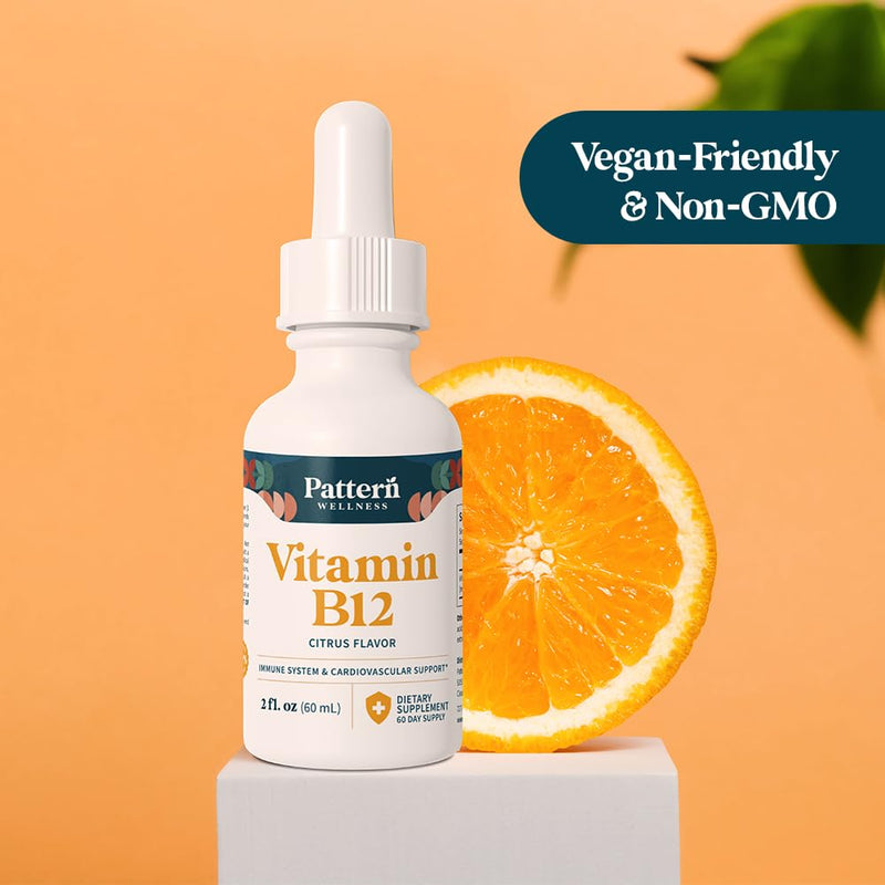 Pattern Wellness Vitamin B12, Vegan Citrus Flavor – 2 fl. oz (60mL) | 5000 mcg – Sublingual Liquid Drops – Methylcobalamin, Supports Energy & Immune Health – 3rd Party Lab Tested 2 Fl Oz (Pack of 1)