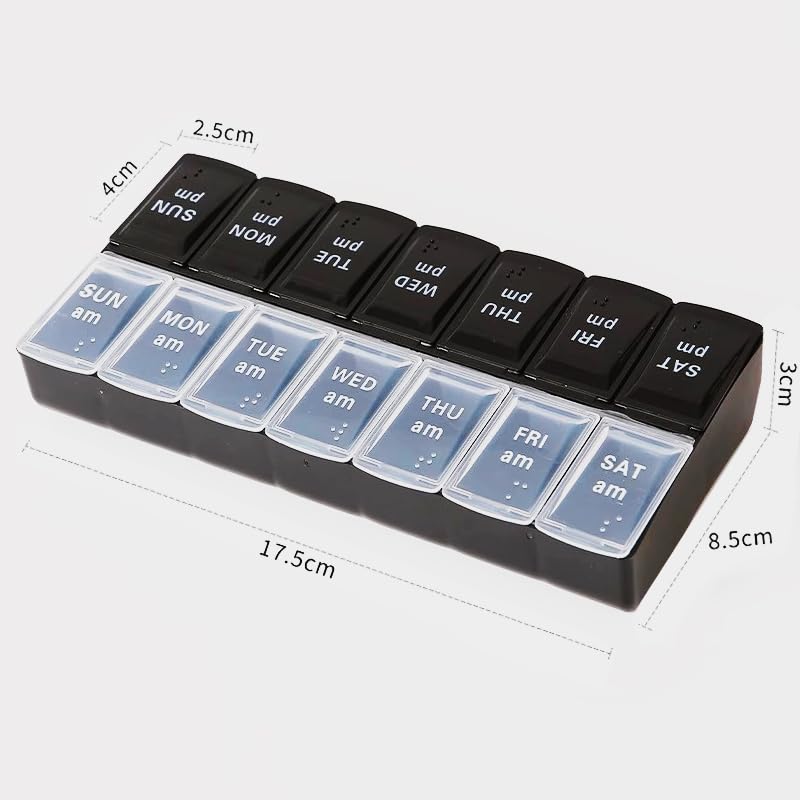Daily Pill Organizer Box, Travel Large Size Pill Case Dispenser | 14-day Weekly Medicine Supplement Holder, Portable Vitamin Sorter Fish Oil Capsule Tablet DHA Container, Black + Transparent