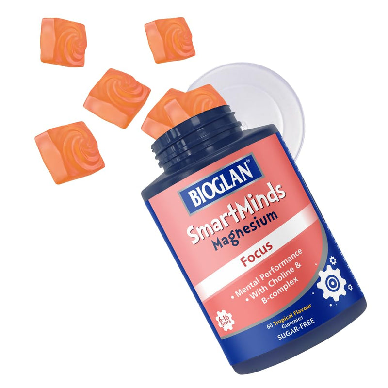 Bioglan SmartMinds Magnesium Focus Gummies for Kids, Sugar Free Tropical, Magnesium, Choline, Vitamin B5, B12 & Folic Acid, Children Age 6-16, 60 Gummies