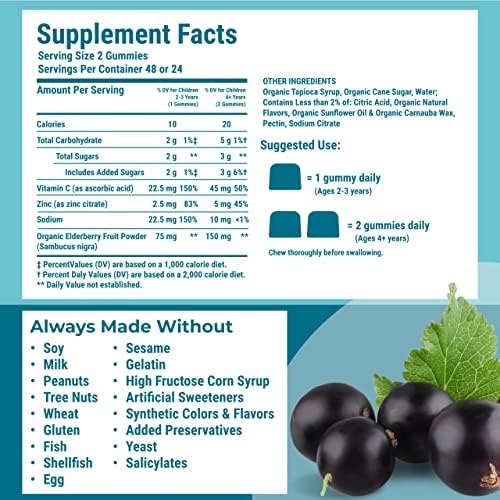 [Australia] - Hyland's Kids Organic Elderberry Plus Gummies, Organic Black Elderberry with ZINC and Vitamin C, Immune Support for Children, 48 Vegan Gummies Kids - 48 Count 