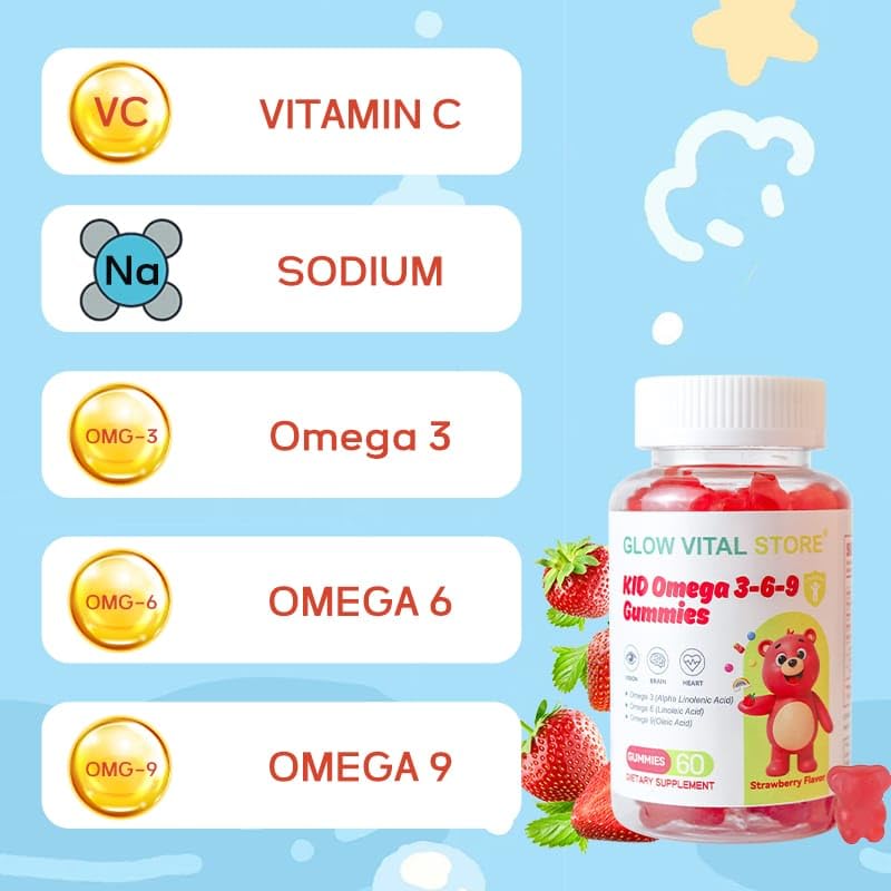 Kids Omega 3-6-9 Gummies – Plant-Based Brain, Eye & Heart Support – Strawberry Flavor – ALA, LA, Oleic Acid – Vegan, Gluten-Free, Non-GMO – 60 Gummies by Glow Vital Store (1) 1