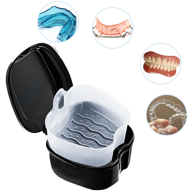 [Australia] - 3 Pack Retainer Cleaner Case Partial Denture Cleaning Case Cup and Brush for invisalign Orthodontic soaking Black 