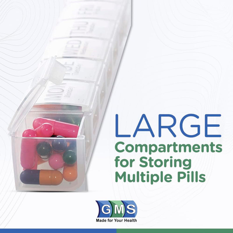 GMS Weekly Pill Organizer - 7-Day Labeled Compartment Pill Case for Supplements, Vitamins and Medication - Secure Latches - Ideal for Daily Use & Travel - Clear 1