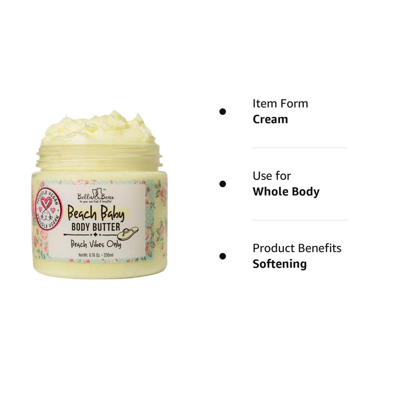 [Australia] - Bella and Bear Beach Baby Body Butter - Moisturizing Shea Cream for Women - Vegan, Cruelty& Oil-Free - Helps Prevents Pregnancy Stretch Marks 6.76-oz 