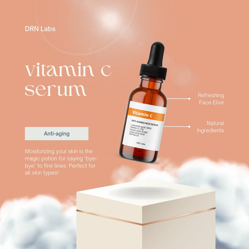Vitamin C Serum with Vitamin E and Hyaluronic Acid with 20% L-Ascorbic Acid - Great for Hydration, Anti-Aging, and Reducing Appearnace of Wrinkles by DRN Labs. 1 Fl Oz