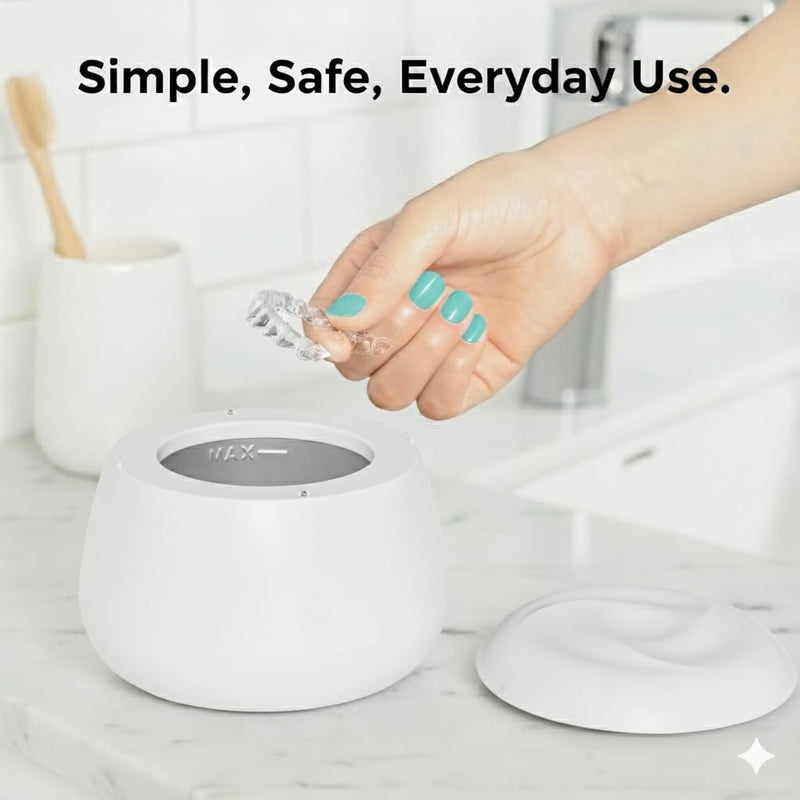 [Australia] - FIONA JAMES 48kHz Ultrasonic Retainer Cleaner with UV | Professional Sonic Dental Cleaning Pod for Aligner, Night Guard, Denture & Jewelry | White 