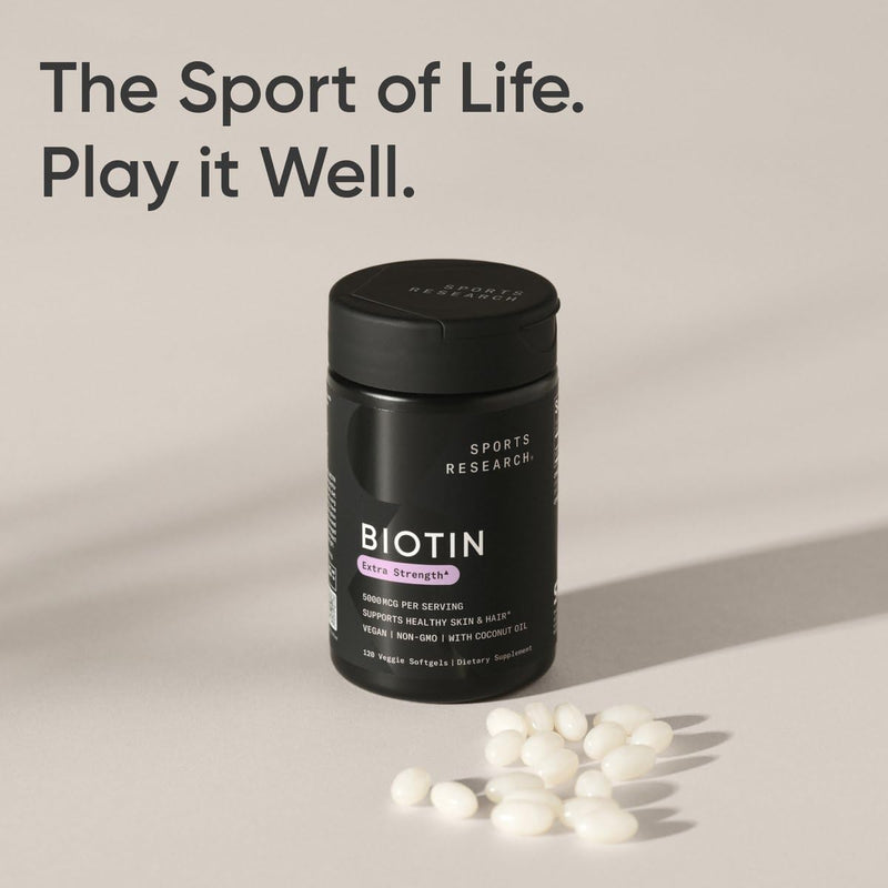 [Australia] - Sports Research Vegan Biotin 5000mcg with Organic Coconut Oil - Extra Strength Biotin Vitamin B7 for Healthier Hair & Skin + Keratin Support - Non-GMO & Gluten Free, 120 Softgels (4 Month Supply) 120 Count (Pack of 1) 