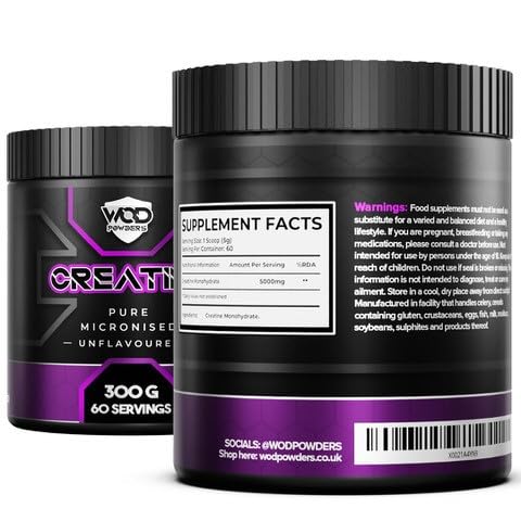 Creatine Monohydrate Powder 300g – Micronised Creatine | Proven to Improve Physical Performance and Recovery | Suitable for Vegans, Unflavoured, Scoop Included - Made in The UK by WOD Powders