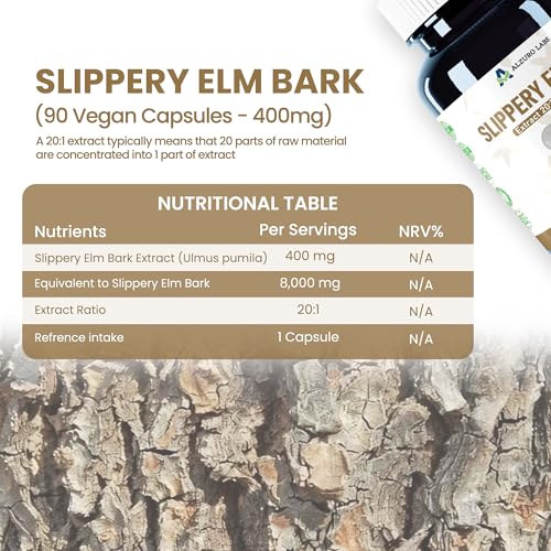 Slippery Elm | 8,000mg Equivalent | 400mg 20:1 Extract | 90 Vegan Capsules | Ulmus rubra | GMP & 3rd Party Lab Tested