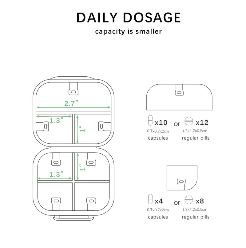 Small Travel Pill Organizer, 7 Compartments Pill Box, 1 Pack Daily Portable Pill Case to Hold Vitamins, Small Pill Container for Pocket Purse Medicine Organizer | Green