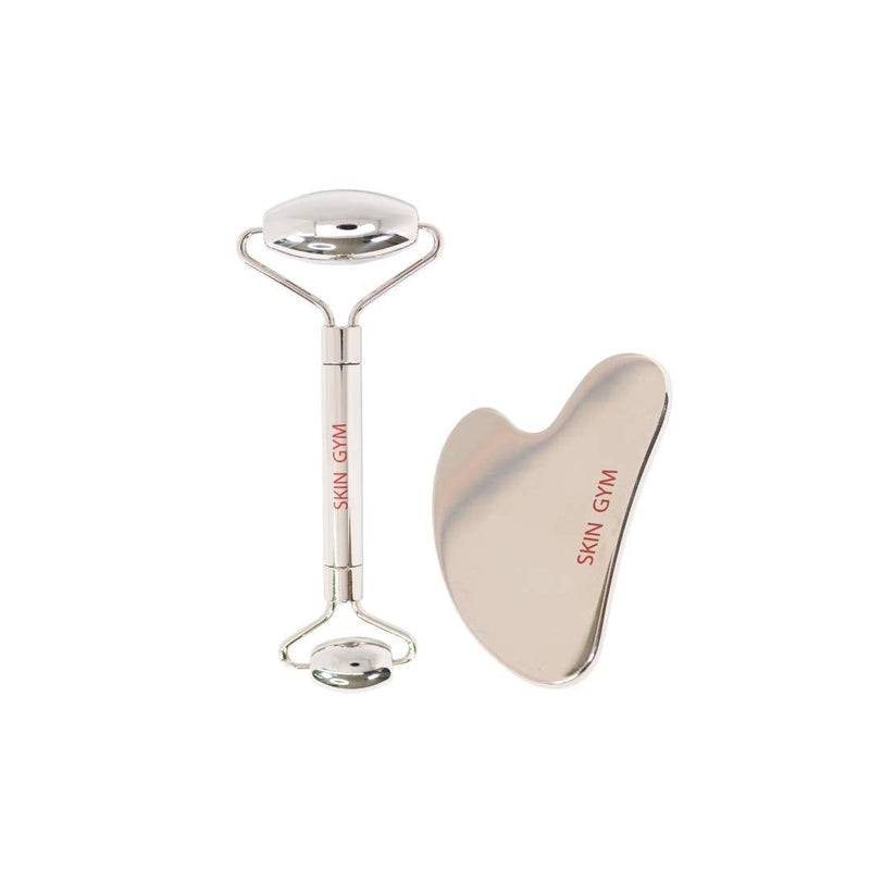 [Australia] - Skin Gym Silver Facial Roller and Gua Sha Tool Workout Skin Care Set for Wrinkles and Fine Lines - Anti Aging Face Lift Beauty Tool - Improve Skin Appearance and Achieve Radiant Glow 